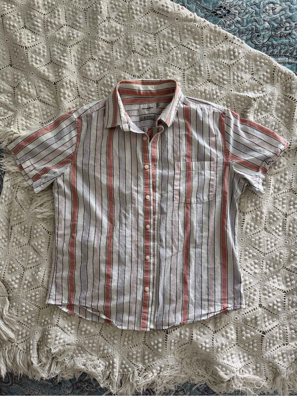 Goodfellow & Co White Short-Sleeve Button-Up with Coral & Navy Stripes